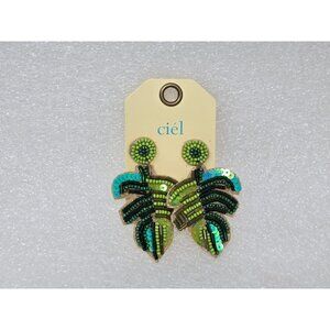 Ciel Beaded Leaf Dangle Earrings Green & Blue Sequins Statement Jewelry